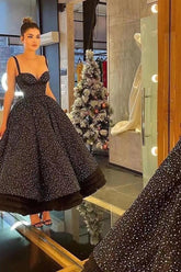 Black Ball Gown Prom Dress Sleeveless Spaghetti Straps Tea Length Sequined Formal Dress