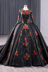 Black Ball Gown Quinceanera Dress Long Sleeves Red Rose Sweet 16 Dress