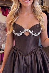 Black Beaded A Line Keyhole Short Corset Homecoming Dress