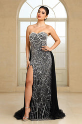 Black Beaded Formal Evening Dress Strapless Sheath Prom Wedding Party Dress with Panel Train