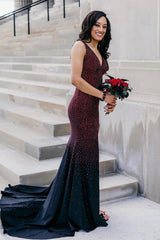 Black Burgundy Prom Dress Mermaid Beaded Formal Dress