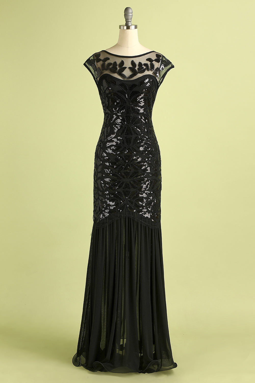 Black Cap Sleeves Flapper Long 1920s Evening Dress