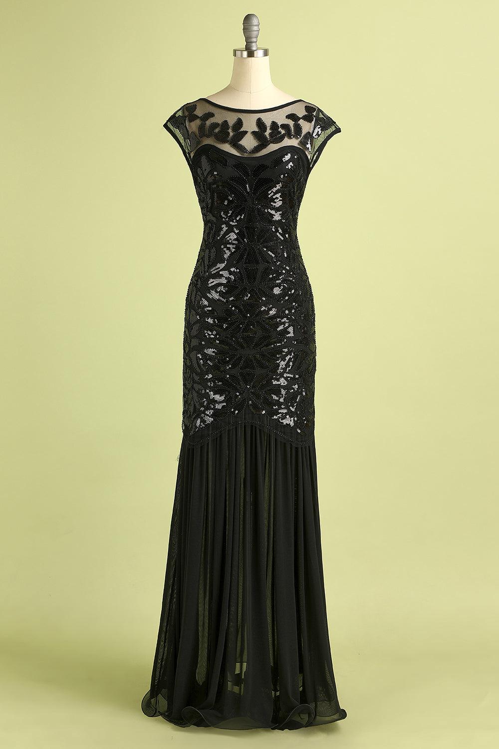 Black Cap Sleeves Flapper Long 1920s Evening Dress