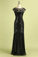 Black Cap Sleeves Flapper Long 1920s Evening Dress