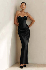Black Corset Mermaid Sweetheart Long Satin Prom Dress