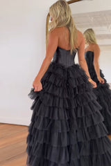 Black Corset Prom Dress Sweetheart A-Line Tiered Long Tulle Evening Dress with Slit