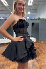 Black Floral Strapless A-Line Corset Short Homecoming Dress