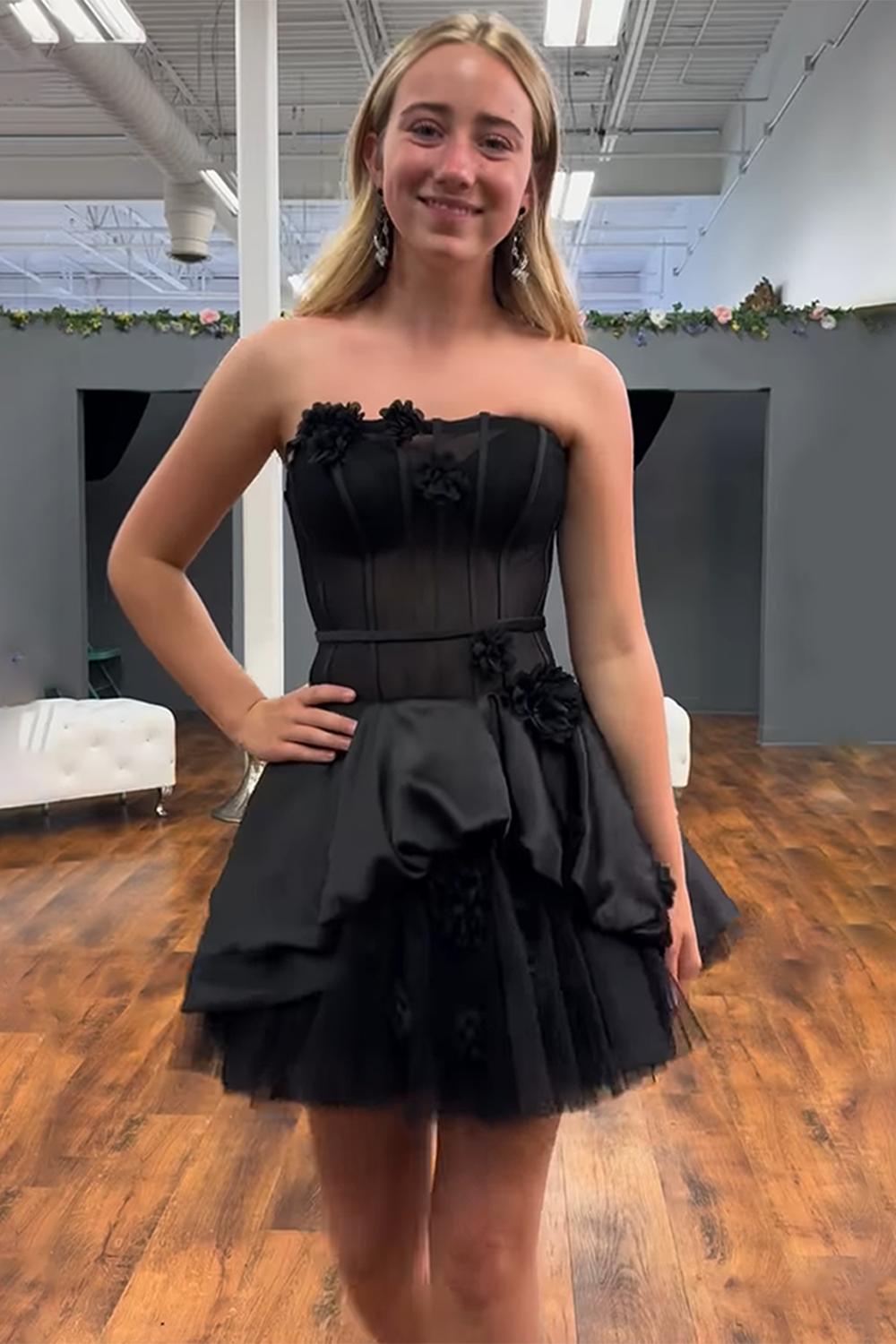 Black Floral Strapless A-Line Corset Short Homecoming Dress