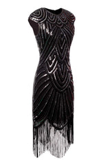 Black Gatsby Glitter Cape Sleeves Fringe 1920s Dress