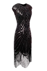Black Gatsby Glitter Cape Sleeves Fringe 1920s Dress