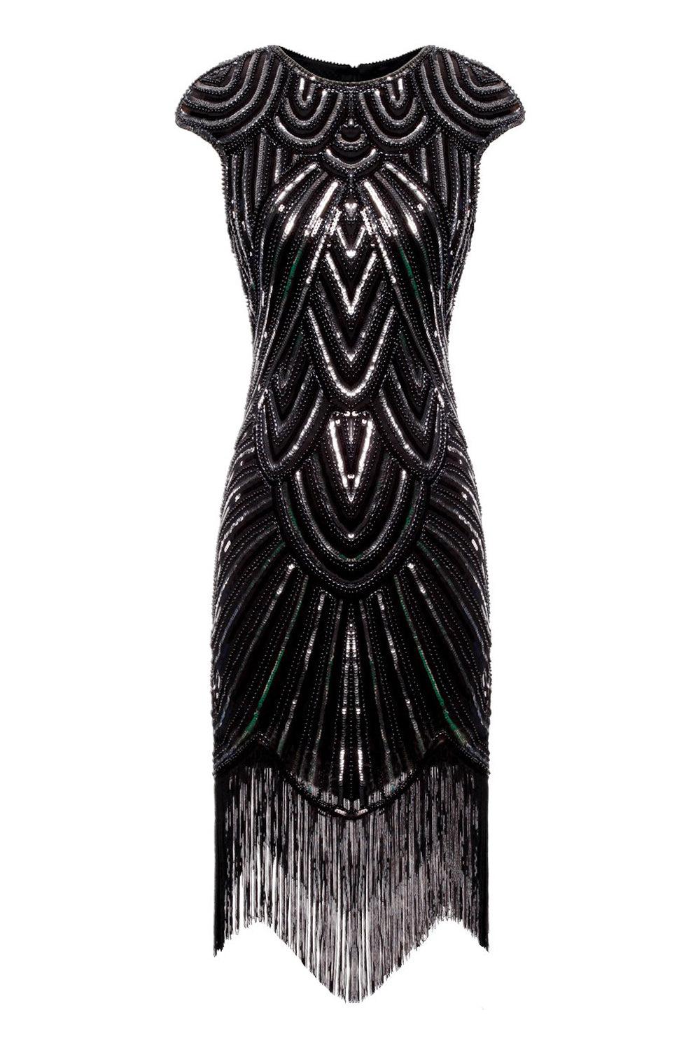 Black Gatsby Glitter Cape Sleeves Fringe 1920s Dress