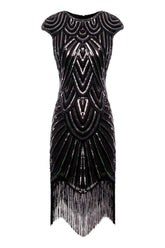 Black Gatsby Glitter Cape Sleeves Fringe 1920s Dress