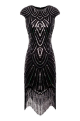 Black Gatsby Glitter Cape Sleeves Fringe 1920s Dress