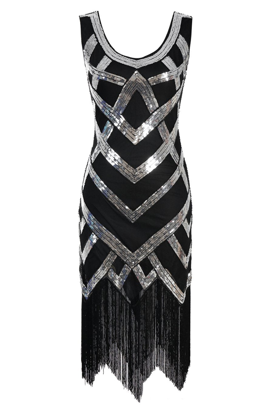 Black Gold Sleeveless Scoop Neck Fringe Flapper 1920s Dress