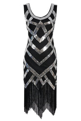 Black Gold Sleeveless Scoop Neck Fringe Flapper 1920s Dress