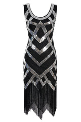 Black Gold Sleeveless Scoop Neck Fringe Flapper 1920s Dress
