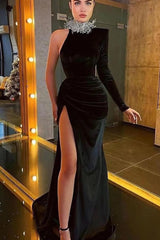 Black High Neck Velvet Formal Dress One Shoulder Mermaid Christmas Party Dress