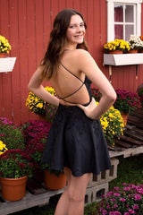 Black Homecoming Dress A Line Backless Halter Short Prom Dress with Lace