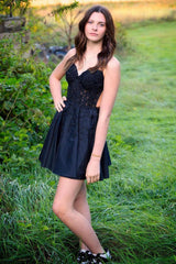 Black Homecoming Dress A Line Backless Halter Short Prom Dress with Lace