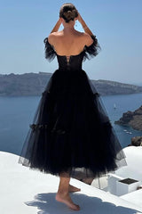 Black Homecoming Dress A-Line Corset Ruffled Tulle Cocktail Party Dresses