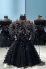 Black Homecoming Dress A-Line Strapless Prom Dress with Feathers