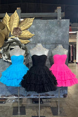 Black Homecoming Dress A-Line Sweetheart Tulle Tiered Corset Short Cocktail Dresses