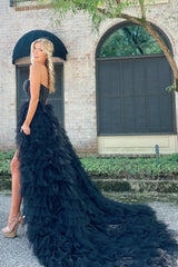 Black Homecoming Dress Beaded A Line Tiered High Low Cocktail Dress