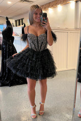 Black Homecoming Dress Beaded Corset Ruffled Short Cocktail Dresses With Feathers