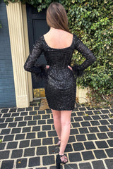 Black Homecoming Dress Corset Long Sleeves Tight Short Hoco Dress with Feathers