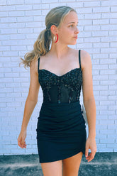Black Homecoming Dress Corset Satin Tight Short Cocktail Dresses with Sequin