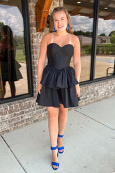 Black Homecoming Dress Corset Sweetheart A-Line Tiered Satin Short Prom Dress