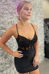 Black Homecoming Dress Corset Tight Short Cocktail Dresses With Appliques