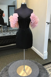 Black Homecoming Dress Corset Tight Short Prom Dress with Puff Sleeves