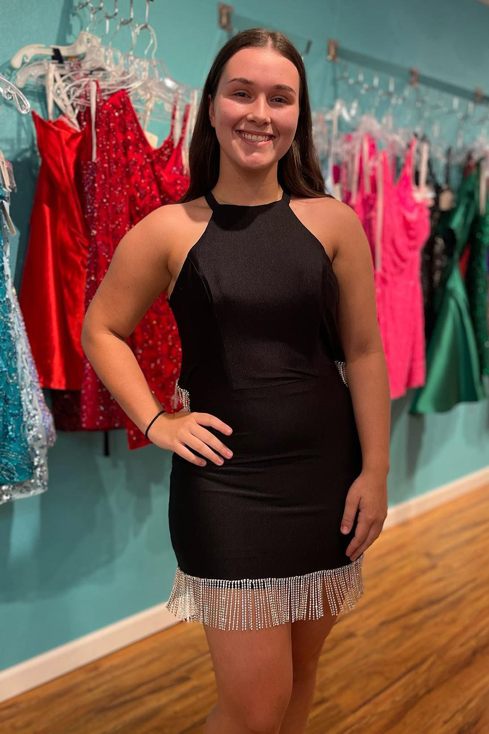 Black Homecoming Dress Halter Open Back Tight Short Prom Dress with Fringes