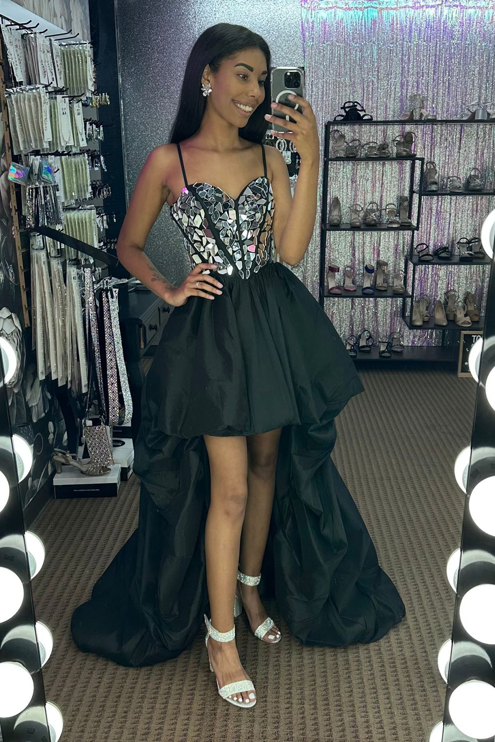 Black Homecoming Dress High Low Satin A-Line Mirror Prom Dress