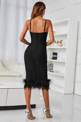 Black Homecoming Dress Midi Bodycon Party Dress with Feathers