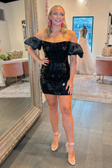Black Homecoming Dress Mirror Off The Shoulder Tight Short Prom Dress
