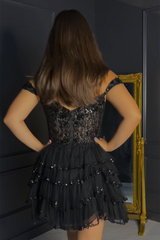 Black Homecoming Dress Off The Shoulder Corset Short Cocktail Dresses with Ruffles