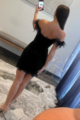Black Homecoming Dress Off The Shoulder Corset Tight Short Prom Dress with Feathers