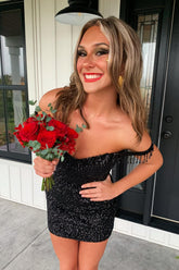 Black Homecoming Dress Off The Shoulder Tight Short Prom Dress with Fringes