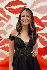 Black Homecoming Dress Off the Shoulder A-Line Chiffon Short Prom Dress with Lace
