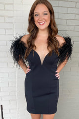 Black Homecoming Dress Off the Shoulder Tight Short Prom Dress with Feathers