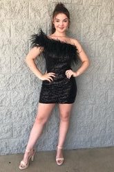 Black Homecoming Dress One Shoulder Sequin Short Cocktail Dresses with Feathers