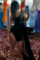 Black Homecoming Dress One Shoulder Short Prom Dress With Slit