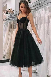 Black Homecoming Dress Polka Dots A Line Cocktail Party Dresses