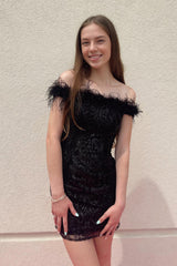 Black Homecoming Dress Sequin Feathered Tight Short Prom Dress