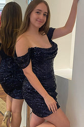 Black Homecoming Dress Sequin Off the Shoulder Tight Short Prom Dress