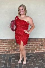 Black Homecoming Dress Sequin One Shoulder One Sleeve Keyhole Tight Short Cocktail Dresses