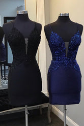 Black Homecoming Dress Sequin Tight Short Prom Dress with Appliques