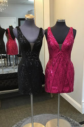 Black Homecoming Dress Sequin V-Neck Tight Short Cocktail Dresses